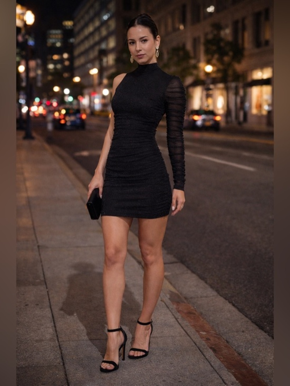 Windsor Black Shimmer One Sleeve Ruched Bodycon Mini Dress Small